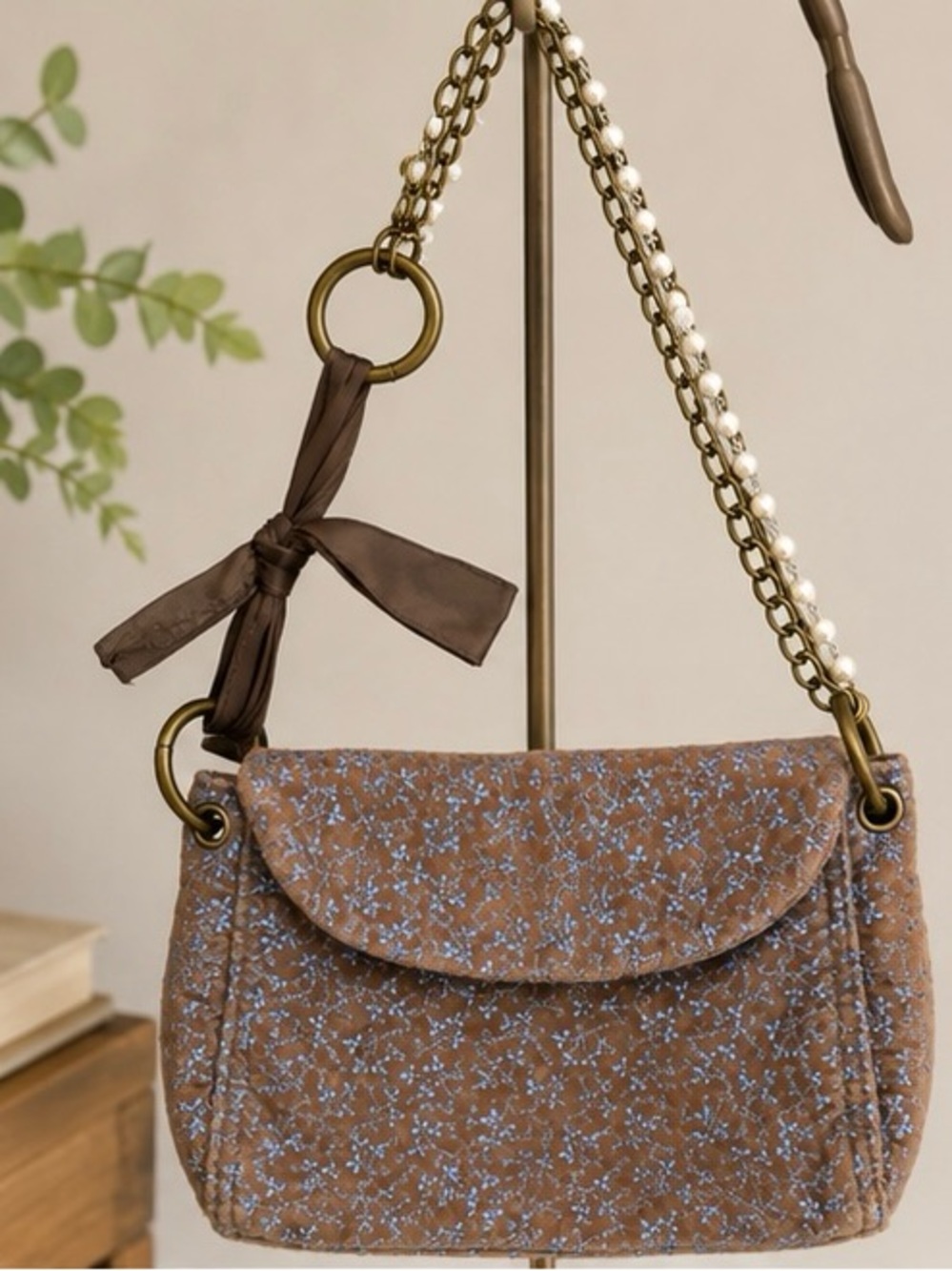 GAP Y2K Velvet Pearl & Chain Shoulder Bag